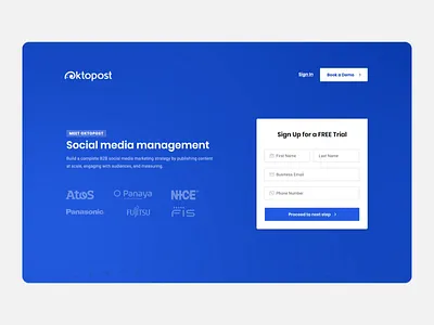 Oktopost - Social Media Platform Landing Page Design animation blue clean design landing page layout management marketing monitoring ui user interface ux