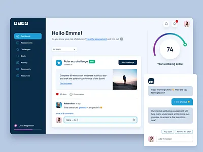 Unused concepts for a health and wellbeing platform app assessment button chart chat dashboard feed graph health interface menu mobile navigation progress responsive score user interface ux web