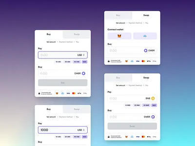 Exploration of Embr checkout widget application bitcoin blockchain bnb buy checkout crypto cryptocurrency embed ethereum exploration flow minimal modal swap trading ui wallet webapp widget