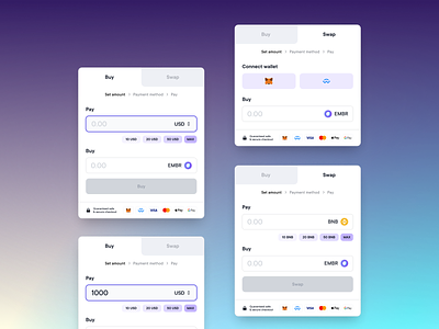 Exploration of Embr checkout widget application bitcoin blockchain bnb buy checkout crypto cryptocurrency embed ethereum exploration flow minimal modal swap trading ui wallet webapp widget