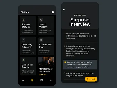 Defense App app attorney audio contact dark ios law profile recorder ui