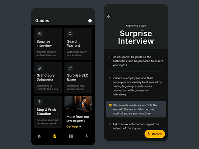 Defense App app attorney audio contact dark ios law profile recorder ui