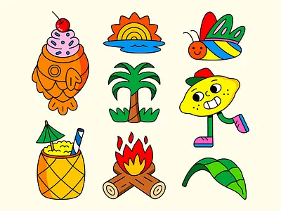 Summer Stickers bug butterfly design fish food fruit hat icecream icon illustration leaf lemon logo palm pineapple shoes sneakers sun taiyaki tree