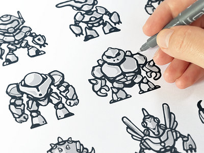 Concepts of robots 2d art 2d game character design concept art game app game art game concept game design game dev game robots game ui game units gameplay illustration ios game level design mascot mascot sketches mobile game robot