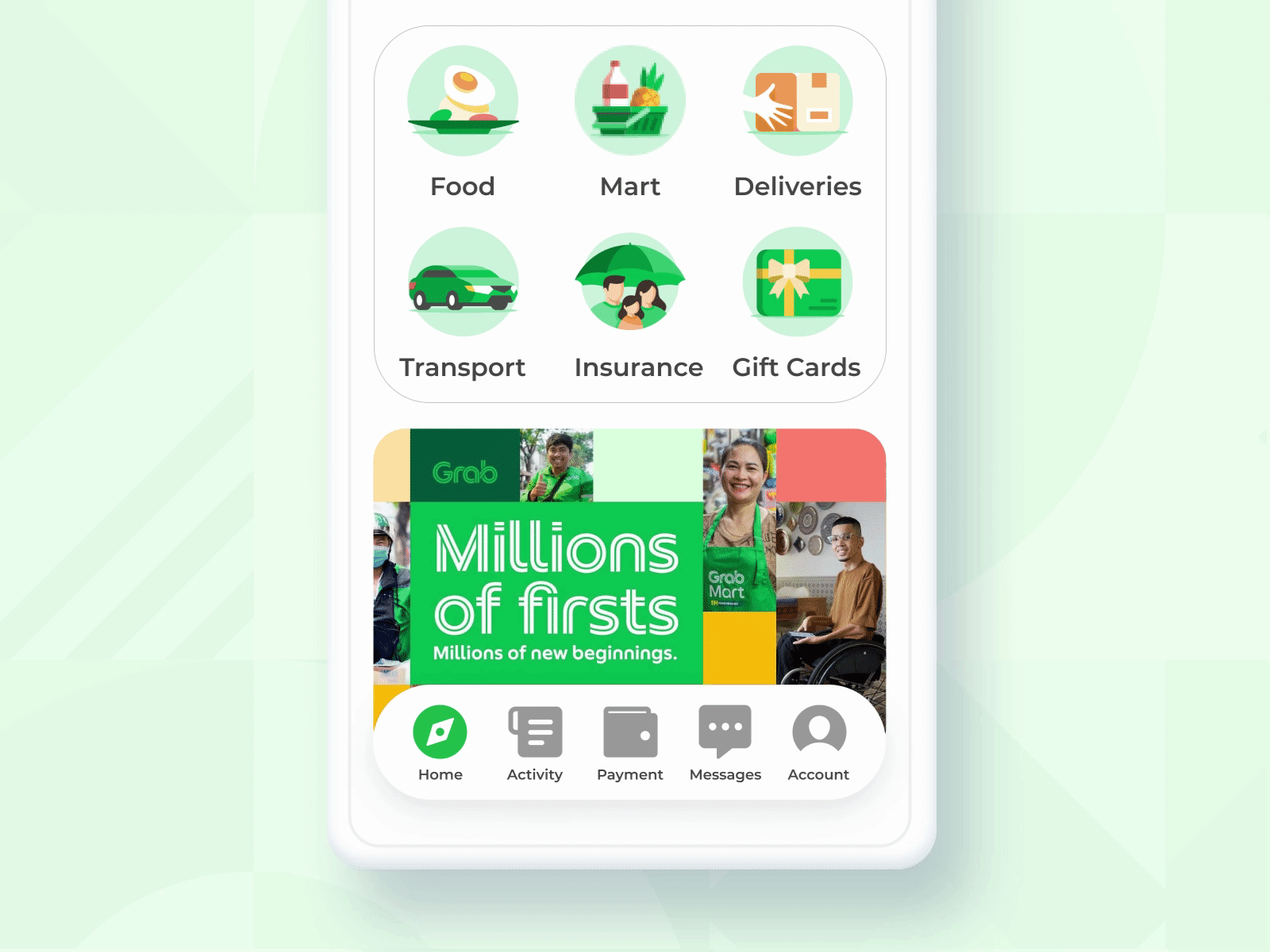Grab Home account activity deliveries design food gift cards green home insurance messages payment transport ui ux