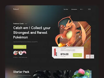 Pokard - Pokemon Card NFTs Header Exploration clean crypto cryptocurrency dark design exploration header landing page landingpage modern monster pokemon ui design website