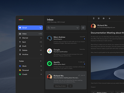 Nor Mail · Mailbox Concept Application app application clean concept dark ui design desktop email email design inbox mac macos mail mailbox message ui ux web web design website