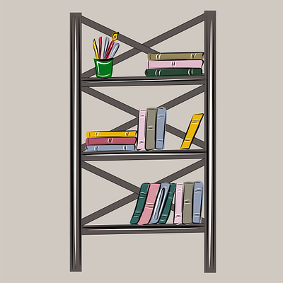 Bookcase, loft shelving with books. Library, school, reading. class
