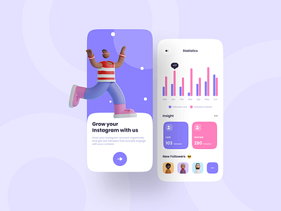 Instagram Analytics App 3d illustrations analytics analytics dashboard clean ui color illstrations instagram instagram analytics app layout minimalistic mobile app social media analytics stats unfollow app