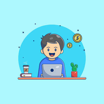 Cute Boy Make Money Online cartoon character cute cute character design flat flat cartoon graphic design illustration logo mascot ui vector