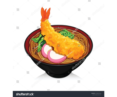 Tempura soba noodles with fish cake, onion and spinach topping i anime bowl cartoon design drawing food illustration illustration japanese food manga meatball noodle noodles prawn ramen shrimp soba soup tempura udon vector