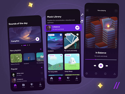 Calming Music App android animation app app interaction calm categories dark theme dashboard design design app illustration interface ios ios mobile motion music playlist relax ui ux