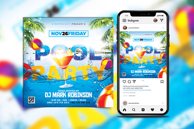 Pool Party Flyer PSD Template Social media summer party