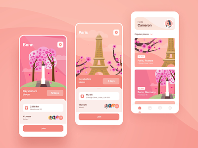 Sakura Tracker mobile app animation blossom bonn calendar cherry blossom cherry blossom tracker illustration mobile paris sakura tracker tracking ui zoftify