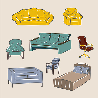 Furniture set. sofas, beds, armchairs, chairs. Furniture store. comfort