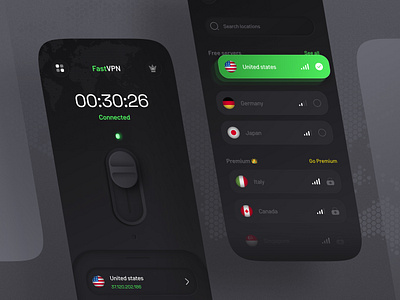 🛡️ FastVPN App UI Design connection dark data design internet location mobile modern network privacy proxy safe secure security server shield speed user interface vpn vpn app