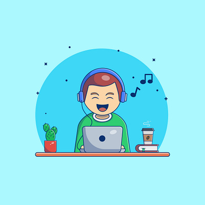 Cute Boy Listening to Music at Home birthday branding cartoon cute design flat graphic design illustration logo music ui ux vector wfh work from home