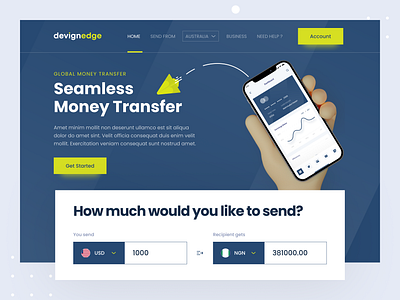 Devignedge - Money Transfer Website Landing Page Header agency website best dribbble shot devignedge finance finance website header landing landing page landingpage mhmanik02 money transfer top designer transfer ui designer visual design web design webdesign website