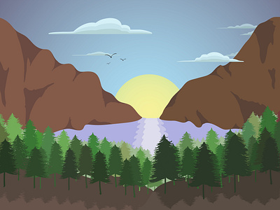 Sunlight on a lake amateur beginner clouds design flatnature forest illustration illustrator lake mountain nature sun sunlight