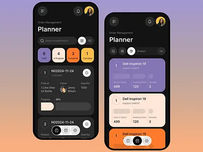 Order Management App - Planner UI app cancelled colorful design completed dark mode dashboard drafted efficiency app in progress mobile ui order management planner app product page progress tracking task automation task management task overview task status ux uxui