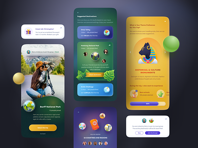 Customized Trip App. app app design card colorful green journey message mobile mobile app design mobile design nature profile purple travel travel app travelling trip trip app ui yellow