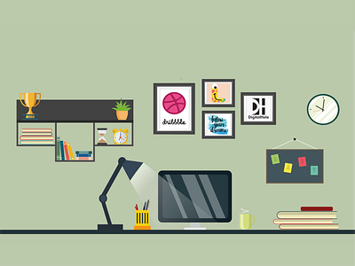 Workplace illustration clock design desk flat frame hello dribbble illustration object office shelf table vector wall workplace