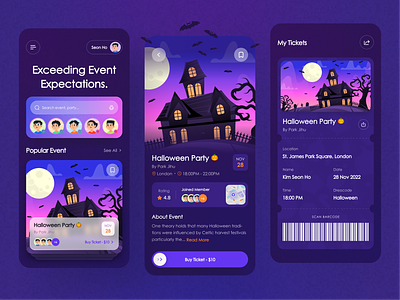 Event App 🎃 android booking app community concert date dinner event event app festival halloween lantern meetup mobile party party app schedule social ticket ticket app uiux