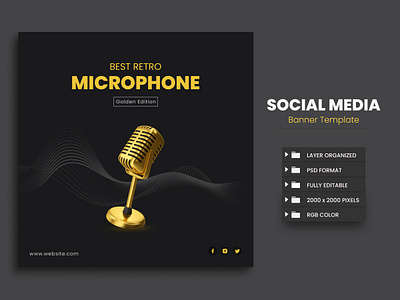 Retro Microphone | Social Media Banner Design microphone banner design music banner music social banner promotional banner social banner social media banner social media banner mockup vintage microphone