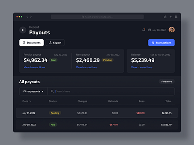 Payouts page: payment dashboard project (Dark mode) app app design clean component components dark mode dashboard design minimal page payment payment app payouts payouts page ui ui design ux ux design