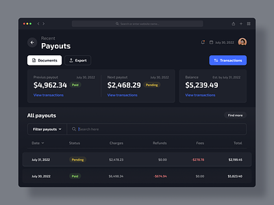 Payouts page: payment dashboard project (Dark mode) app app design clean component components dark mode dashboard design minimal page payment payment app payouts payouts page ui ui design ux ux design