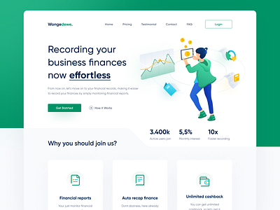 Wongedewe - Record finance landingpage 2d bank branding business cashback clean design company design finance financial green header illustration money recap report simple uiux website