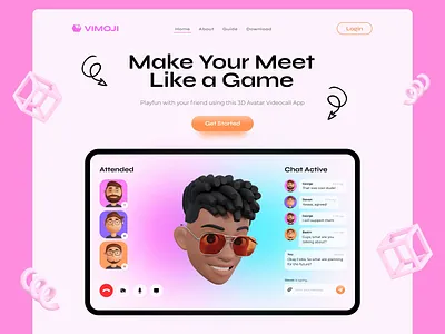 3D Video Call - Landing Page Design 3d animation blender blurred background character design head illustration landingpage motion graphics pink ux videocall videocallapp webdesign zoom