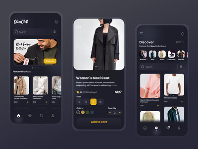 Clothing Store App UI Design app design apparel apparel store black ui clean ui clothing dark theme dark ui design inspiration fashion fashion store inspiration modern online store online store app store app ui design ui inspiration uiux design