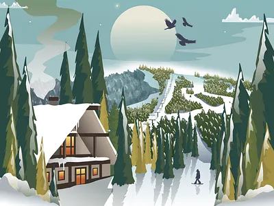Snowy mountain ski resort cabin illustration ski resort sky snowy mountain trees vector winter winter landscape woods