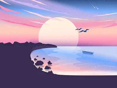 Candy sunset birds calm ocean clouds comets illustration moon rocks silhouette space stars still ocean sunset vector