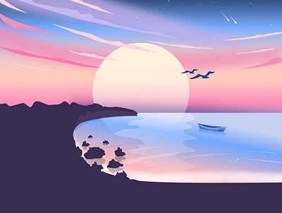 Candy sunset birds calm ocean clouds comets illustration moon rocks silhouette space stars still ocean sunset vector