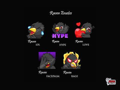 Raven Twitch Emotes cartoon customemote customemotes design emoji emote emotes facepalm graphicdesign hype illustration logo lol love rage raven sticker twitch twitchemote twitchemotes