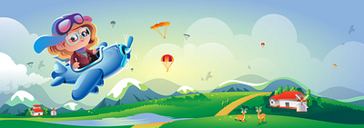 Children Book Illustration- Kid flying on a plane baby book cover character children book illustration cute girl illustration kids landing page landscape plane sky story book vector