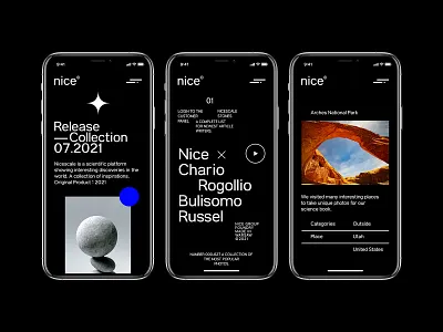 Nice - Science and history app black blog concept dark design grotesk minimalist mobile modern serif ui ux web design website