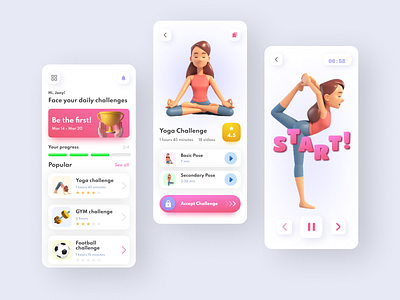 Daily Sport Challenges App 3d 3d illustration app app design challenges concept design fitness gamification illustration meditation minimal mobile sports ui ux workout yoga