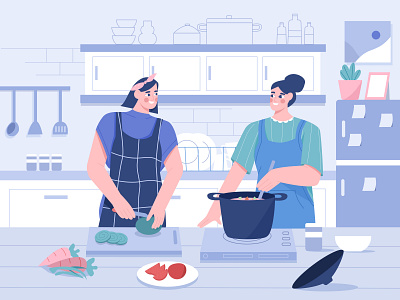 Cooking in the kitchen illustration bake baking boil cake characteer cook cooking drink empowered food fridge fruits illustration illustrations kitchen kitchen set kitchens restaurant vegetables woman