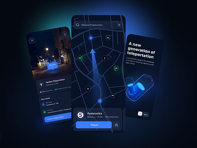 Teleportation app concept app booking dark future futuristic glow ios app map minimal mobile mobile ui night product design scooter taxi teleport ui ux