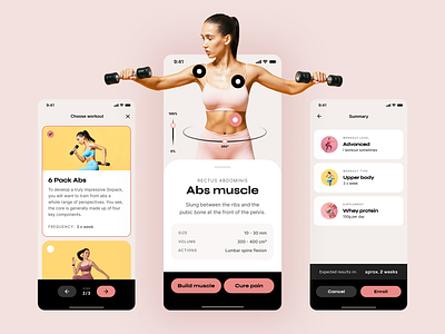 Fitness application abs body card drawer fitness health light list muscle navigation pink rotate sans serif scroll step summary symmetry table typography zoom