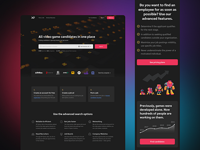 Job board in the gaming industry 3dartists clean ui darkmode dashboard dashboards developers equal gaming jobs jobsearch payments platform prototype recruitment responsive saas webapp workflow