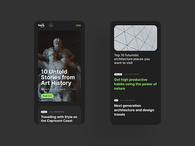 Mobile blog UI in dark mode blog culture dark dark mode design homepage interface mobile mobile design news responsive theme ui uidesign uiux user interface ux wordpress wpblog wptheme