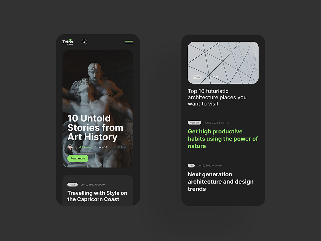 Mobile blog UI in dark mode by Oleksandr Sendziuk on Dribbble