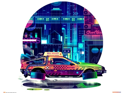 Back to hill valley adventure architecture backtothefuture cinema cityscape cyberpunk fantastic flyingcar future illustration marty metro movie neon overboard poster retro scifi skyline taxi