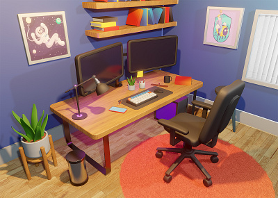 3D Blender Office 3d blender computer desk home office render room work