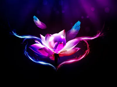 Lotus Pearl 2021 black blue bright colorful contrast dark energy feather floral flower illustration lotus love pearl photoshop red shine trend vibrant