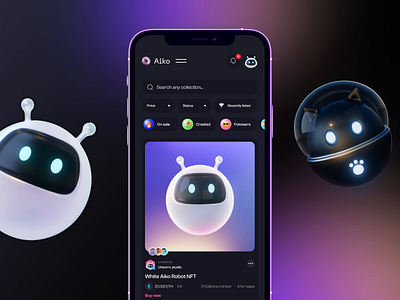 AIKO Robots – NFT Collections 3d animation app clean crypto crypto art dark mode gradient minimalistic mobile modern motion graphics nft nft collection responsive robot trendy ui user interface ux